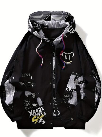 Stylish Men's Loose Fit Graffiti Graphic Print Hooded Jacket - Casual Zip-Up Long Sleeve with Multiple Pockets for Outdoor Activities, Urban Fashion and Everyday Wear