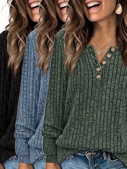 3-Pack Comfortable Ribbed V-Neck T-Shirt Set for Women - Soft Long Sleeve Tops, Casual Crew Neck Style with Button Detail, Polyester Knit Fabric for Spring/Fall