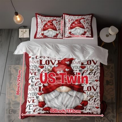 3pcs Valentine'S Day Gnome Love Letter Printed Bedding Set, Breathable Soft Polyester, Digital Print Duvet Cover with 2 Pillowcases, All-Season Zipper Closure, Machine Washable, 90gsm - Bedroom & Guest Room Decor (Duvet Insert Not Included)