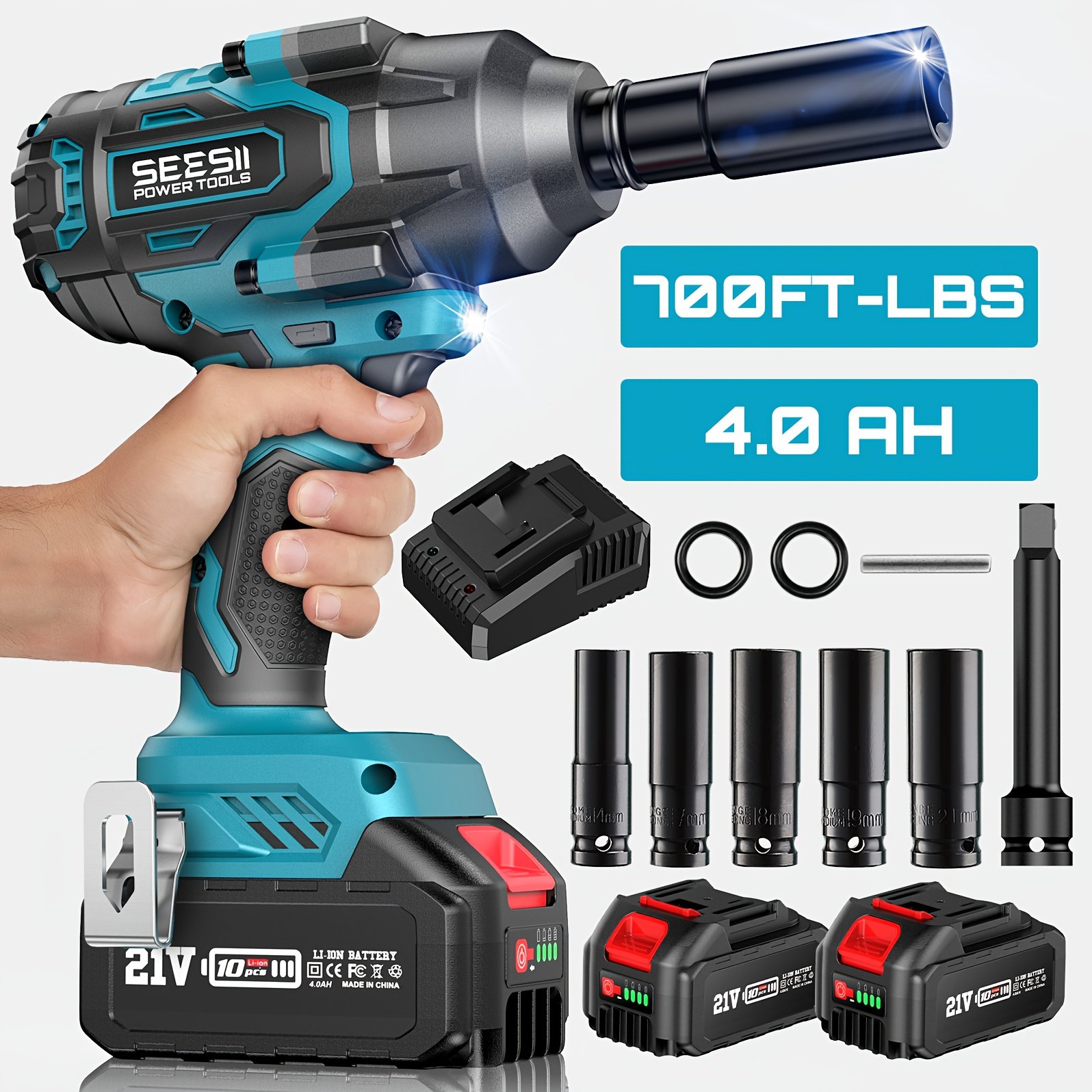 0e2d93b6-1fc8-4913-9195-0432978df8a9.jpg SEESII 700Ft-lbs (950N.m) Brushless Impact Wrench, 1/2" Cordless Impact Driver With 2x 4.0Ah Battery, Fast Charger & 5 Sockets, High Torque, Electric Impact Gun For Car/Truck/RV/Mower - Image 1