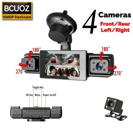 4-Channel Car Dash Cam 1080P Front & 480P Rear/Left/Right | 3-inch IPS Screen, Night Vision, Motion Detection, Loop Recording, Parking Assist, 360° Coverage, Wireless, Vehicle Security Enhancement, Durable Camera System.