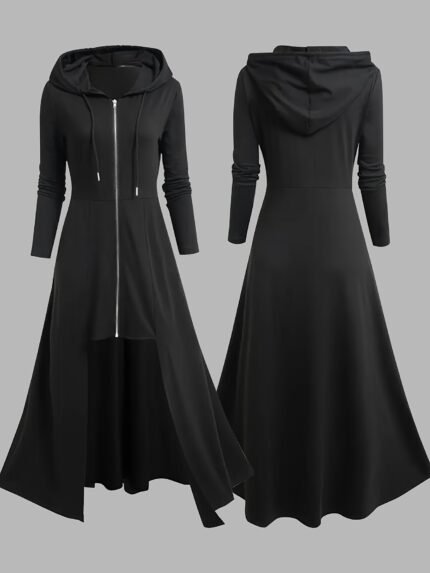 Plus Size - Plus Size, Women'S Plus Size Hooded Coat - Elegant Long Jacket with Front Zipper Closure, Loose Fit Winter Outerwear for Women, Formal & Everyday Outfits - Fall/Winter Clothing, Winter Hooded Jacket, Fall Fashion, Asymmetrical Hem, Quality Stitching, Stylish Hoodie, Fashion Lovers, Cold Weather Wear, Durable Fabric, Fashionconscious Women