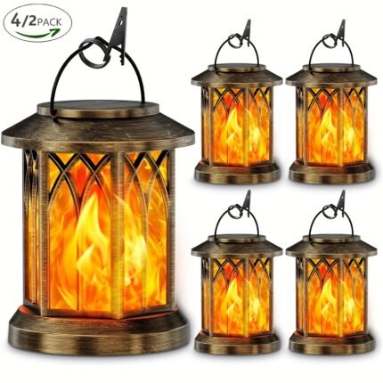 Hanging Solar Lanterns Lights Outdoor, Flickering Flames Solar Lantern Lights Outdoor, 2/4 Pack Solar Hanging Lights Outdoor, Auto On/Off Solar Lantern For Yard Garden Decor, Christmas Decorations, Halloween Decorations (Bronze/Black)