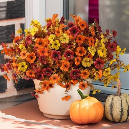 12 Bundles Artificial Dais - UV Protected Realistic Outdoor/Indoor Flowers, Non-Fading Autumn Floral Decor in Red, Yellow, Orange, Brown, - All-Season Hanging, Porch, Balcony, Thanksgiving, Halloween, Wedding, Party Decorations - No Maintenance Needed, Durable Plastic Construction, Hanging Artificial Flowers, Porch Decoration, Seasonal Home Accents, Autumnthemed Decor, Vibrant Bouquet, Uvresistant Blooms, Nomaintenance Greenery