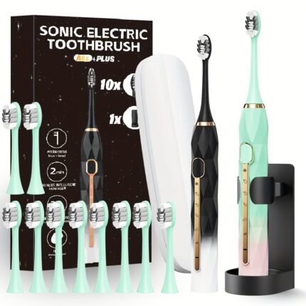 Acoustic Electric Toothbrush USB Rechargeable Couple Rechargeable Metal Shaft Adult for Man And Woman Rechargeable Toothbrush Intelligent Timer 10 Replaceable Toothbrush Heads 5 Colors A Toothbrush Base A Portable Case