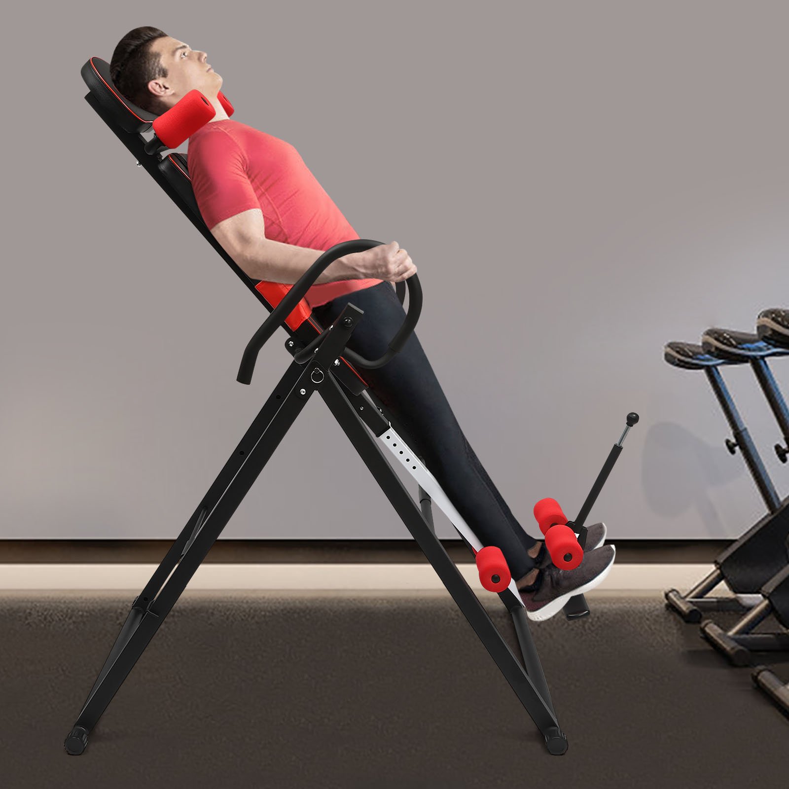 0f9b1a7d036e400e9130cdf1f6fe0c91-goods.jpeg Heavy Duty Inversion Table for Back Pain - 300 lbs Capacity, Adjustable Height up to 6ft, Anti-Slip Foot Sleeve & Safety Belt Included - Black & Red Design, Freestanding Back Stretcher for Muscle Tension, & Joint Discomfort - Image 1