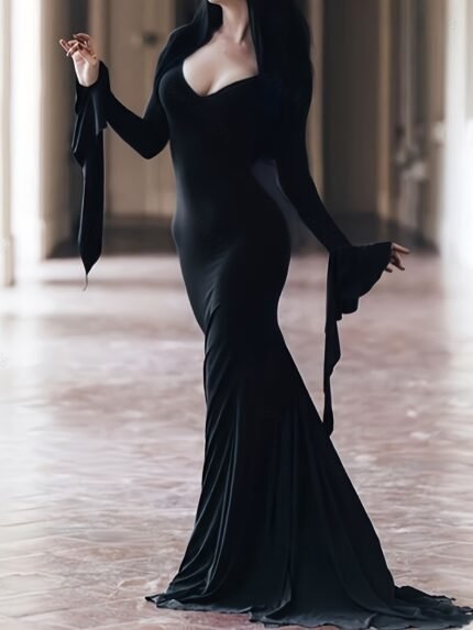 Women'S Gothic Halloween Party Dress - Elegant Long Formal gown with V-Neck, Flowy train, Formal Events, Year-Round Wear - Sexy Evening Gown for Women, Halloween Costume, Sleek Silhouette, Highquality Material, Statement Piece, Fashion Enthusiasts