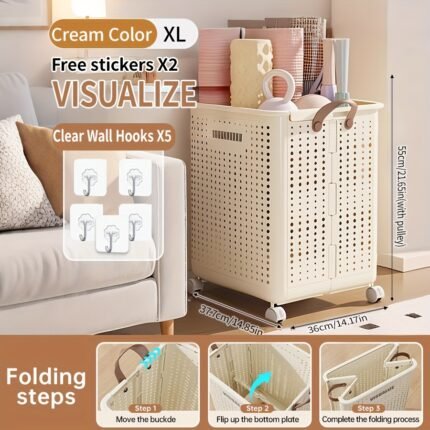 Large & Medium Foldable Ceramic White Laundry Baskets - Pu Leather, Hand Washable, Solid Color, Multi-Functional Portable RV Dirty Clothes Hamper With Wheels For RV Bathroom & Balcony Storage With 2 Stickers