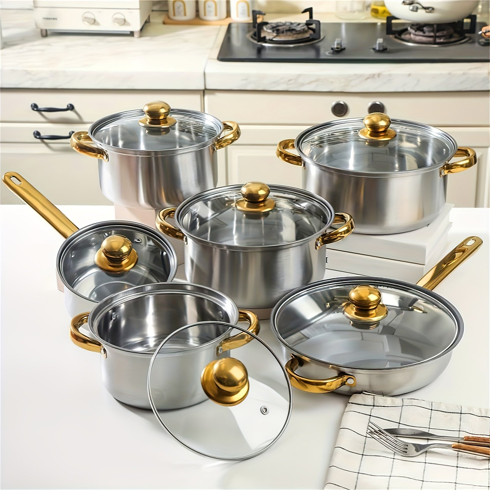 0fcb986a-6220-4ccd-b754-d526c2714eb1.jpg 12pcs Stainless Steel Cookware Set, 410 Stainless Steel Pots and Pans Set with Stock Pot, Frying Pans, Saucepan, 6 Glass Lids, Works with Induction, Electric and Gas Cooktops, Kitchen Cookware Sets for Home - Image 1