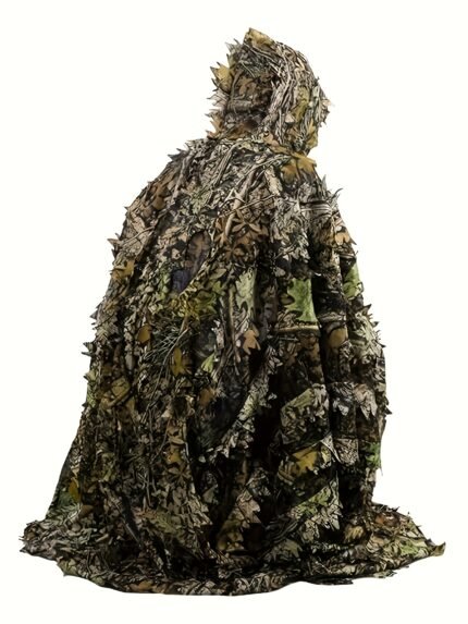 3D Maple Leaf Camo Cape with Mesh Hood - Loose Fit Survival Gear for Outdoor Activities, Hunting & Stealth Games, Sizes S-XL, Realistic Forest Design, Lightweight & Breathable Fabric