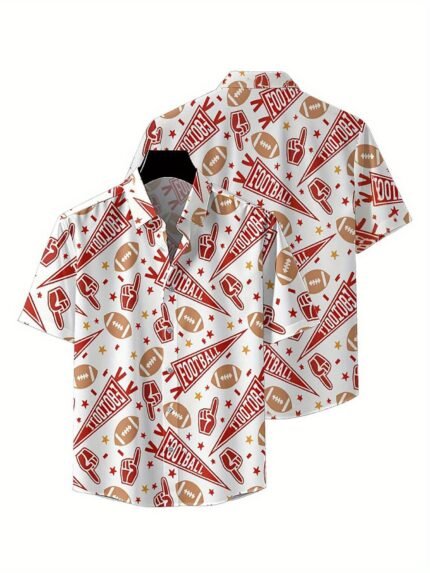 Men's Large Hawaiian Shirt with Football Team Pattern & Tropical Print - Breathable Loose Fit Lapel Collar Summer Casual Top, Button-Up Hip-Hop Rock Street Style Aloha Shirt for Beach Vacations, Holiday Fashion, Playful Design, Lightweight Fabric, Vacation Wardrobe, PLUS SIZE