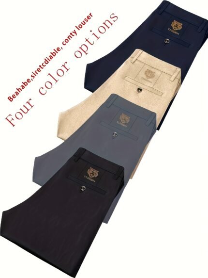 4pcs Men's Light Business Casual Straight-Leg Dress Pants - Stretchable Polyester/Elastane Blend, Animal Print Pockets, All-Season Comfort, Hand Wash Only (Beige/Navy/Charcoal Grey/Red)