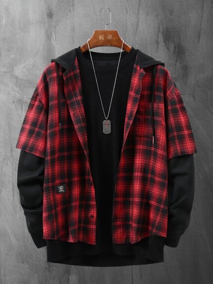 New Men'S Korean-Style Versatile Fake Two-Piece Spliced Shirt with Pockets, Hooded Plaid Top, Button-Up Cardigan with Long Sleeves for Spring And Autumn.