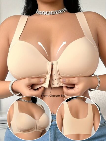 1pc Women's Plus-Size Front-button Closure Bra - Soft Pink/ Pastel one-Piece underwear with Wide Shoulder Straps, Non-Detachable Padding & No Underwire for Everyday & Formal Wear - Elegant Bras for Curvy Women, Comfortable Lingerie, Seamless Design, Supportive Straps, Fullfigured Bras