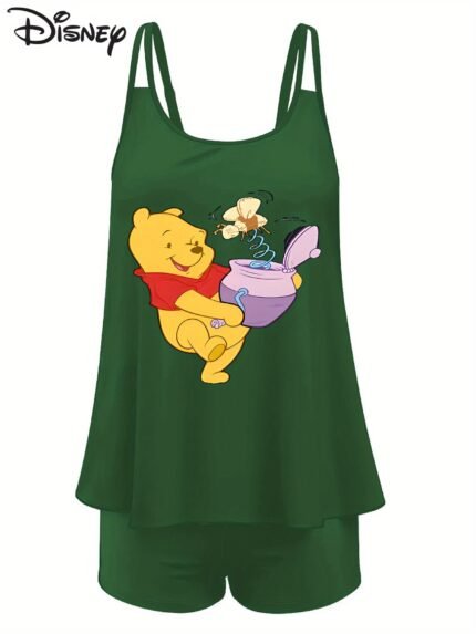 Disney Smiling Winnie the Pooh Summer Women'S Sun Protection Swimsuit, High-Stretch Quick-Dry Surf Bikini, Printed Two-Piece Summer Bikini, Fashion Beach Vacation Sunproof Swimwear