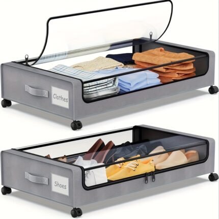2-Pack Under Bed Storage Boxes with Wheels, Large Capacity Fabric Organizer with Clear Lid & Handle, Multi-Compartment Design for Clothes, Shoes, Toys, and Books, Black, Home Organization | Classic Design | Sturdy Handle, Closet Organizers And Storage, Under-Bed Storage