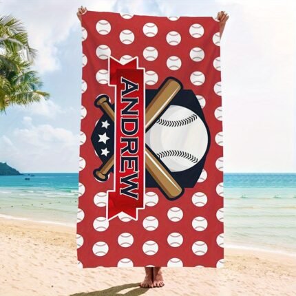 1pc Personalized Baseball Beach Towel - Custom Name Ultra-Soft Microfiber, Quick-Dry & Lightweight 30x60 Inch with Vibrant Red Polka Dots, White Baseballs & Bats Design - Perfect Gift for Sports Fans, Travel, Pool, Camping, Personalized Beach Towel
