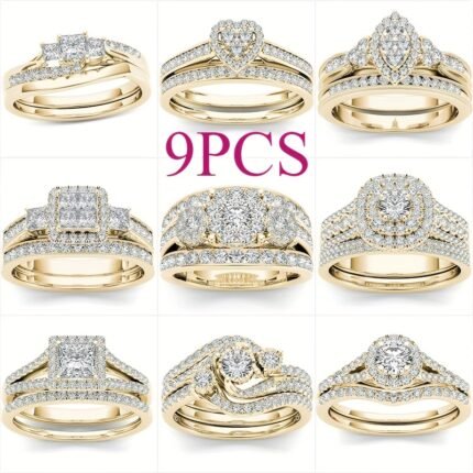 9pcs Classic Women'S Multi Style Wedding Ring Set, Set With Synthetic Zirconia Rings, Perfect Daily Women'S Wear Jewelry Accessories