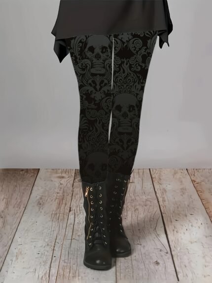 Plus Size, Women's Plus Size Gothic Bohemian Skull Print Leggings - High-Waisted Stretchy Pants with Elastic Waist & Thigh Print, All-Season Machine Washable Black & White Gothic Design for Casual & Statement Outfits