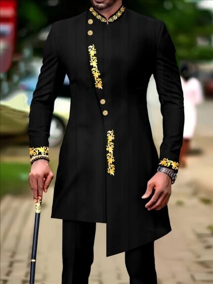 Men'S Casual Long-sleeved Two-piece Suit, Mid-length Top And Trousers