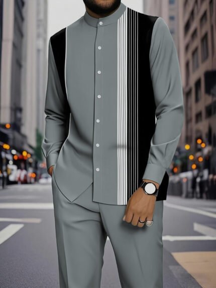 2pcs Men'S Casual Striped Long Sleeve Shirt & Pants Set - Geometric Pattern, Button-Up Collared Shirt with Black & White Stripes, Light Gray Trousers, Regular Fit, All-Season Sportswear for Casual Attire, Perfect Gift for Men, Versatile Clothing | Modern Casualwear | Slight Stretch Fabric