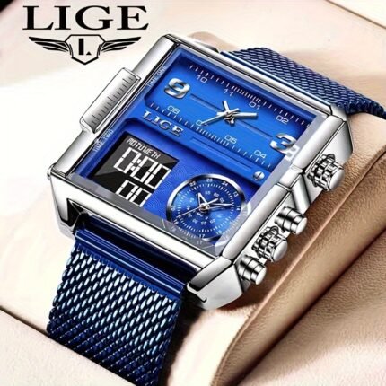LIGE Fashion Luxury Men'S Watch. Watch With Square Stainless Steel Strap. Dual Display Nightlight Second Timer Sports Outdoor Watch. Suitable For Halloween And Christmas Gifts.