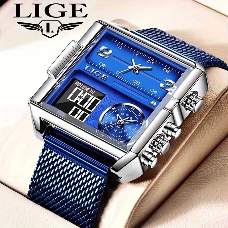 14e749ed-fbd7-43da-a61c-b93a2c99a4d0.jpg LIGE Fashion Luxury Men'S Watch. Watch With Square Stainless Steel Strap. Dual Display Nightlight Second Timer Sports Outdoor Watch. Suitable For Halloween And Christmas Gifts. - Image 1