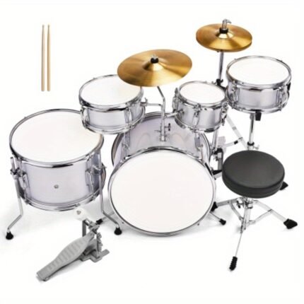 Complete 5 - Piece Beginners Drum Set: 14inx10in, Electroplated Silver Finish. Includes Pedal, Drum Sticks, Wrench & Drum Stool