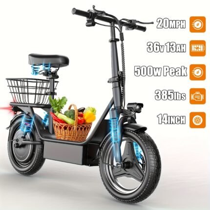 Electric Scooter with Seat, 30 Miles Long Range & 20Mph Top Speed, 14" Pneumatic Tire, Height Adjustable Seat &Handlebar, Dual Suspensions Commuting Scooter with Basket, Urban Commuting, City Travel, Stylish Ride, Sleek Scooter, Smooth Suspension, Robust Frame, Longrange Scooter, Adjustable Handlebar, Unisex Scooter, Adult Scooter