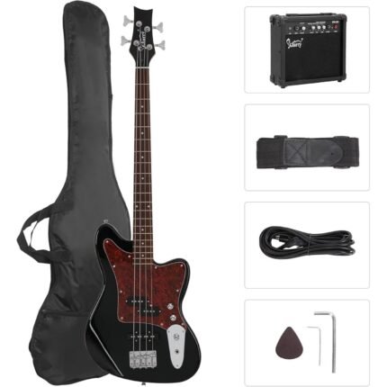 1pc GLARRY 4-String Electric Bass Guitar Kit for Beginners, Includes 20W Amp, Full-Size Bass with Digital Tuner, Amp Cable, Strap, Gig Bag, and Accessories - Black, Battery/USB Powered, ≤36V