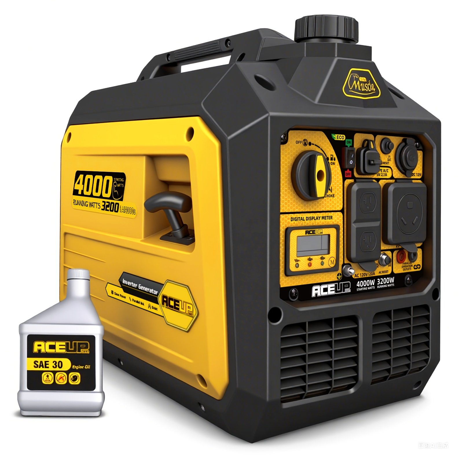 15fe2dd9-5c07-4992-915a-d25a9d18e010.jpg Aceup Energy 4000W Portable Inverter Generator, Quiet Gas-Powered for Home & RV Use, EPA Compliant, 120V AC Outlets, 12V DC Charger, Fuel Capacity Up to 8 Hours, Low Oil LED, Parallel Ready, Metal Construction, Yellow & Black Design, Noise Reduction Generator | Mobile Power Source | Robust Construction, Portable Generator - Image 1