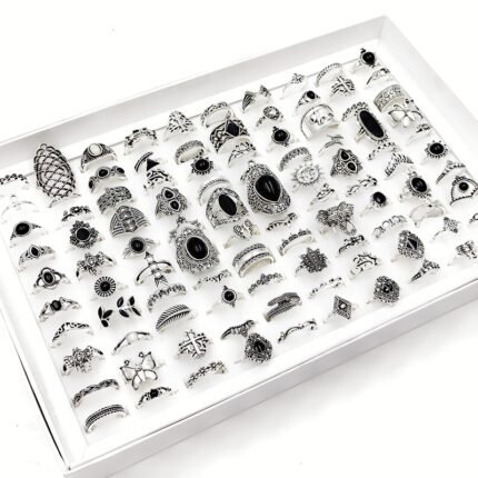 30pcs/Lot Vintage Bohemian Black Drip Rings for Women Mixed Elephant Butterfly Flower Ethnic Knuckle Jewelry Set Party Wholesale