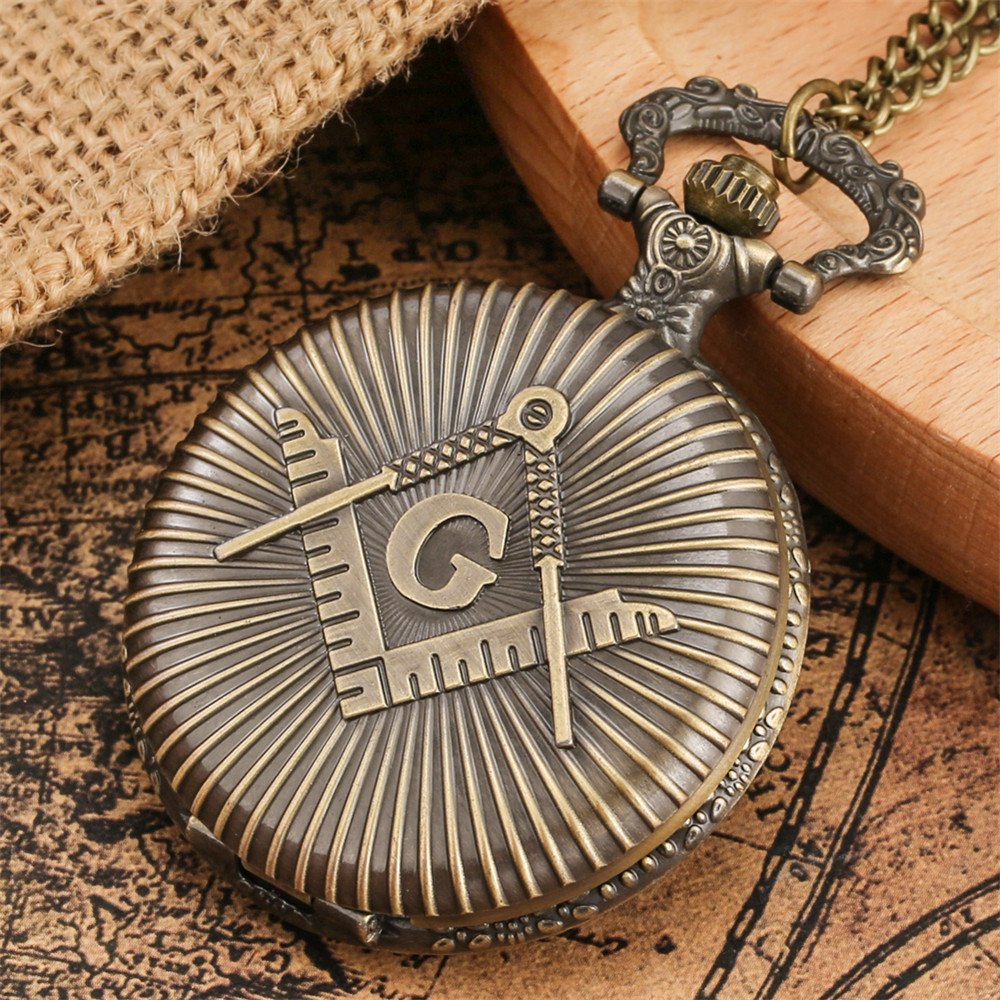 1693575777360-a42b8ddf974c49998ab64e16ed2f0934-goods.jpeg Vintage Bronze Masonic Freemasonry Square and Compass Pendant Quartz Pocket Watch - Antique Bronze Finish, Zinc Alloy Case, Electronic Movement, Ideal Gift for Masons and Collectors, Pocket Watch for Laoar - Image 1
