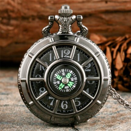 Compass Design Vintage Hollow Skeleton Pocket Watch Black Starry Round Dial Antique Pendant Clock Retro Gifts