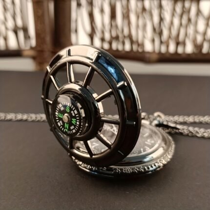 Men's Vintage Compass Design Hollow Skeleton Pocket Watch with Black Starry Dial & Antique Chain - Quartz Movement Retro Style for Christmas, Birthday, Halloween Gifts, Novelty Timepiece, Classic Craftsmanship