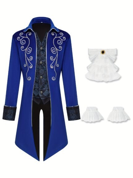 4pcs, Medieval Men'S Top, Retro Style Silvery Trimmed Tailcoat, paired with a Ralph Collar, Suitable for Holiday Party Role-Playing Outfits