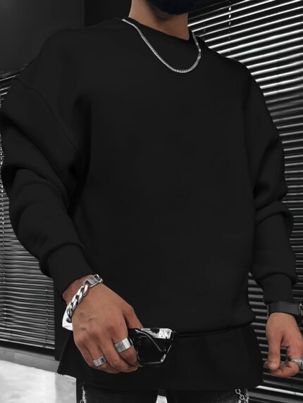 Men's Tokyo Graphic Print Casual Sweatshirt - Long Sleeve Loose Fit Knit Sportswear with Cherry Blossoms & Crane Design, Black, Cotton Blend, Relaxed Style