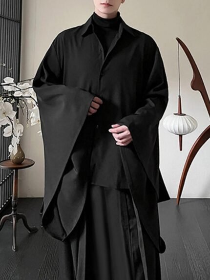 Men's Casual Button Up Long Sleeve Shirt, Chic Retro Lapel Loose Sleeve Shirt