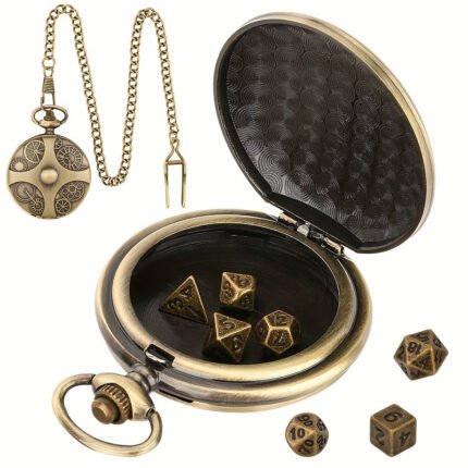 1pc Pocket Watch Case With A Gear Pattern, Accompanied By A Pendant Chain And 7 Metal Polyhedral Dice