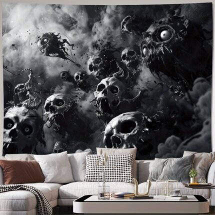 1pc Large Gothic Horror Wallpaper-like Tapestry - Black & White Skull & Bone Design with Glowing Eyes - Heavy-Duty Fabric Panel for Living Room, Bedroom, Office, Party Decor - Easy Peel-and-Stick Installation Kit Included - Spooky Horror Theme Wall Hanging for Macabre Aesthetic & Dark Decorations (No Residue Removal) - Ideal for Horror Fans & Themed Events, Gothic Home Decor, Halloween Backdrop, Gothic Tapestry