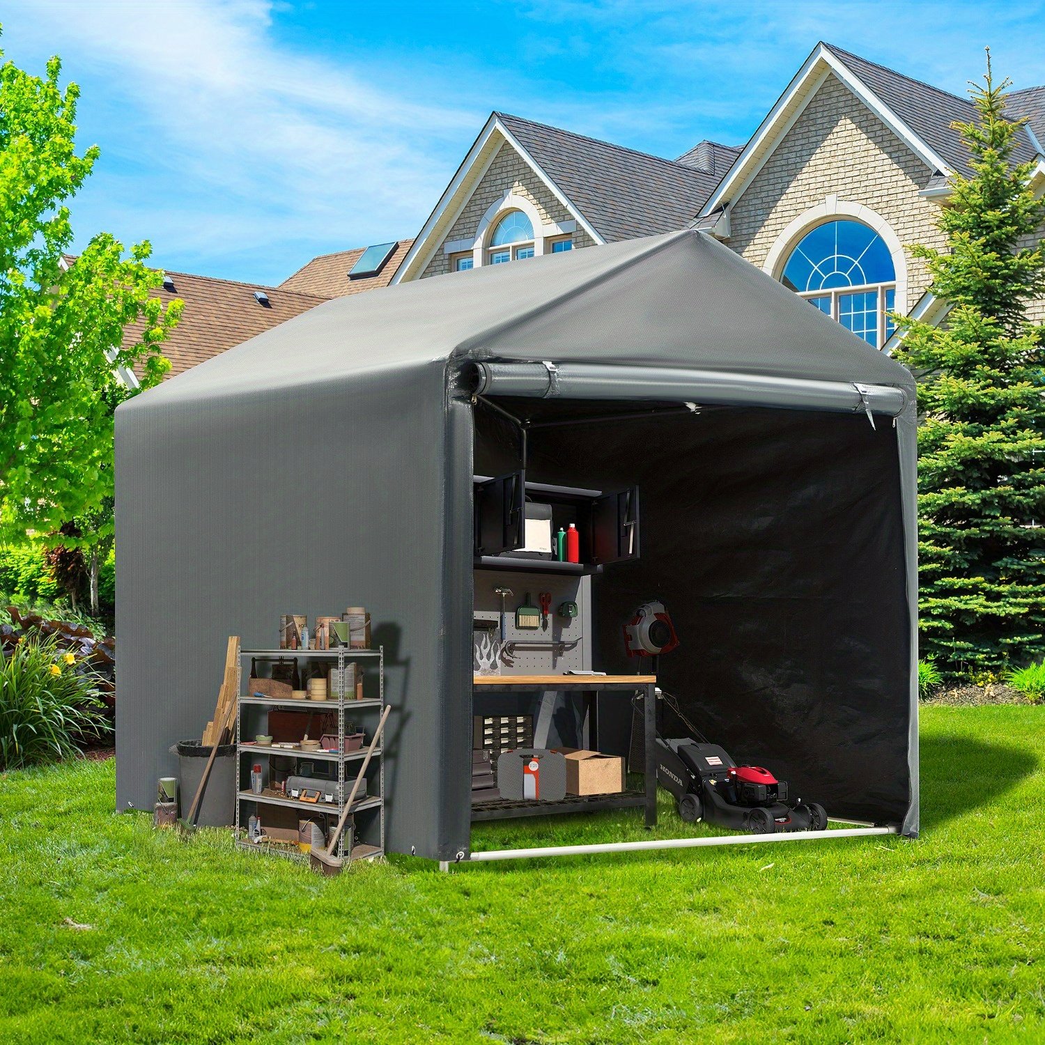 1718158990499-9a2bbd8bcfa14ff68a22266ec168ebed-goods.jpeg 5x7.2ft Heavy-Duty Portable Outdoor Storage Shed & Carport Canopy - Easy Assembly, Spacious Shelter for Motorcycle, Bike, Lawn Equipment, Garden Tools - Sturdy Frame, Ideal for Driveway, Garage, Patio, or Garden Organization, Portable Shelter, Compact Design, Weatherresistant Material, Reinforced Structure, Motorcycle Cover, DIY Enthusiasts, Patio Decorators - Image 1