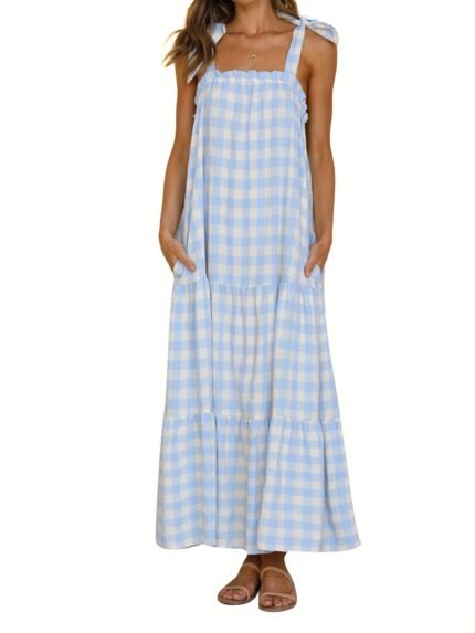 Elegant Blue and White Plaid Sleeveless Maxi Dress for Women – Tie-Up Backless Design, Ruffled Hem, Loose Fit, Casual Yet Chic, Perfect for Spring/Summer