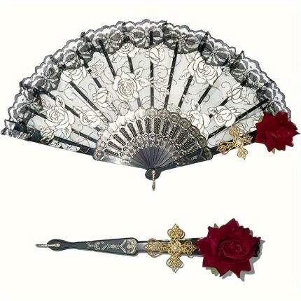 4pcs Elegant Black Spanish Lace Folding Fan with Rose Detail & Cross Ornament – Intricate Floral Design, Perfect for Weddings, Parties, and Dance Events – Ideal Gift for Women, Best for Christmas, Perfect for Thanksgiving