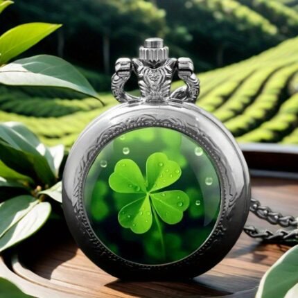 Four Leaves Glass Round Quartz Pocket Watch, Fashion Quartz Pocket Watch With Chain, Unique New Year Christmas Birthday Gift