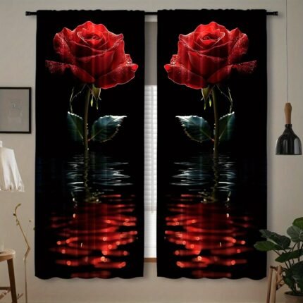 Romantic Red Rose Print Rod Pocket Curtains 2pcs - Semi-Sheer Polyester Pongee Window Drapes for Bedroom & Living Room, Contemporary Style, Thermal Insulated, Decorative Weave - Machine Washable, Unlined