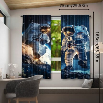 2pcs, Vibrant Astronaut Print Window Curtains Unique Space Themed Bedroom Decor, Blackout Drapes for Home, Thermal Insulation, Easy Care, and Stylish Room Accent