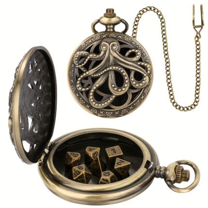 7pcs Set of Metal Multi-Sided Dice + 1 Retro Hollow Octopus Pocket Watch Chain Box - Role-Playing Game And Collector-Exclusive Decorations - Fashion Alloy Design - Perfect Gift Choice