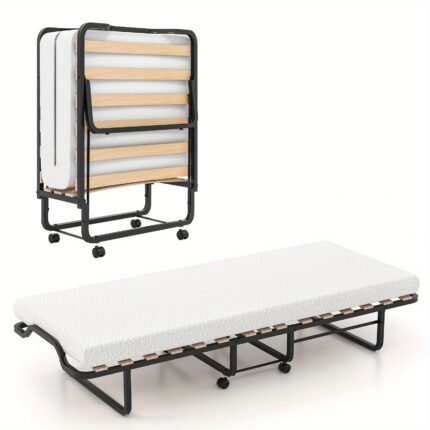 MULTIGOT Twin Folding Bed with Mattress, Roll Away Guest Bed for Adult, Space-Saving Fold-Up Bed for Easy Storage, Portable Metal Bed Frame with Foam Mattress, 2 Lockable Wheels