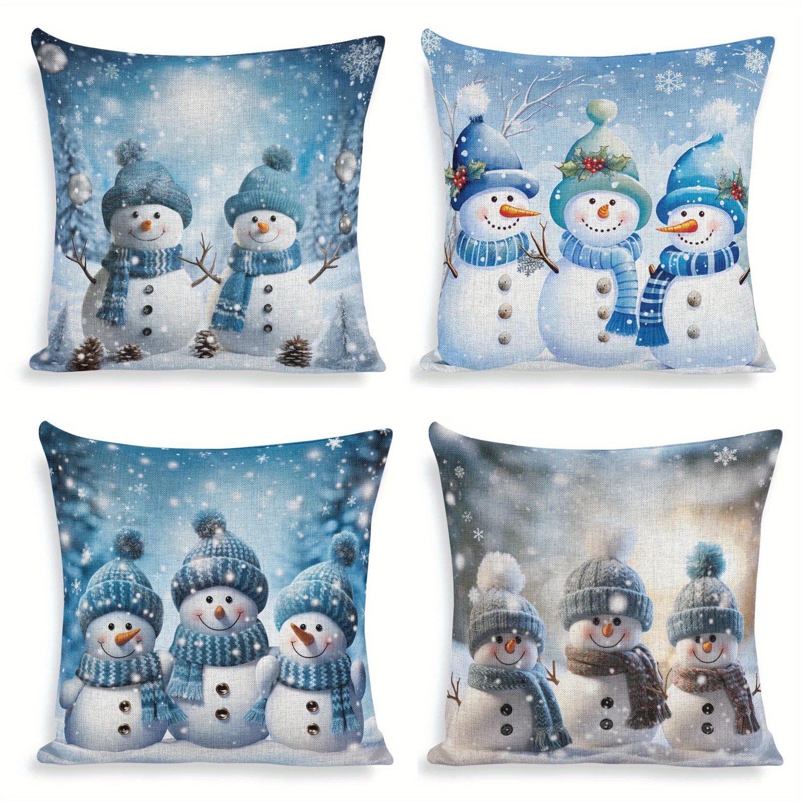 1724468769207-4b41a03ea2fa49af87f9111eca1b45e1-goods.jpeg 4-Pack Winter Snowman Throw Pillow Covers 18X18 Inch, Hand Washable Contemporary Decorative Cushion Cases with Zipper for Sofa, Bed, And Living Room Decor - Image 1
