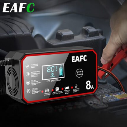 EAFC 12V 8A Smart Battery Charger with LCD Display, Temperature Compensation - Automotive Battery Maintainer Desulfator for Cars and Motorcycles, Overcharge & Short Circuit Protection, Battery Repair Tool | Car Accessories Tools